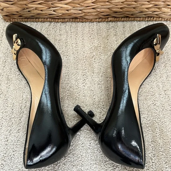 Kate Spade Black Patent Leather Pumps with Gold Bow Size 6.5 - Picture 8 of 13